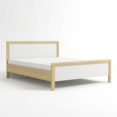 Modern white double bed, bedroom furniture, high-quality wooden frame.