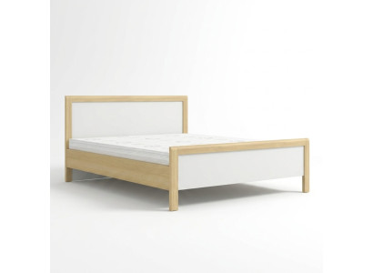Modern white double bed, bedroom furniture, high-quality wooden frame.