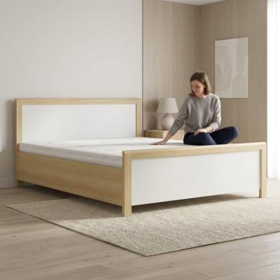 Bedroom wooden bed, white double bed, designer light wooden frame, new.