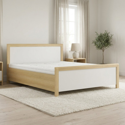 Bedroom wooden bed, white double bed, designer light wooden frame, new.