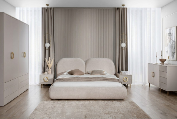 Beige bedroom set with double bed, wardrobe, dresser, 2x nightstands.
