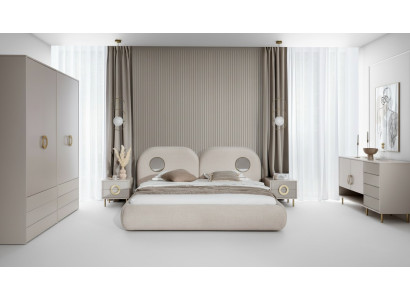 Beige bedroom set with double bed, wardrobe, dresser, 2x nightstands.