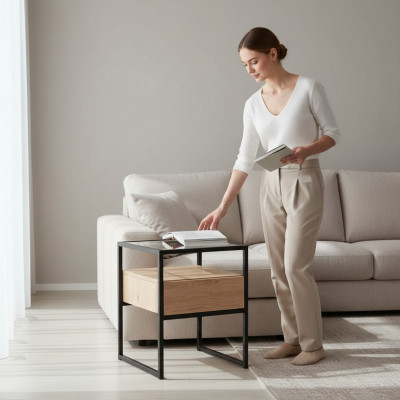 Bedroom Modern Nightstand Glass Top Metal Frame Wood Furniture