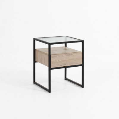 Bedroom Modern Nightstand Glass Top Metal Frame Wood Furniture