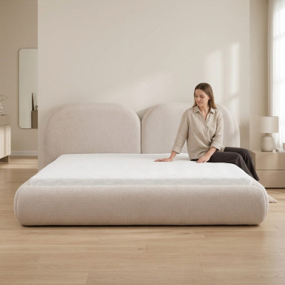 Beige bedroom double bed round textile headboard upholstered bed new