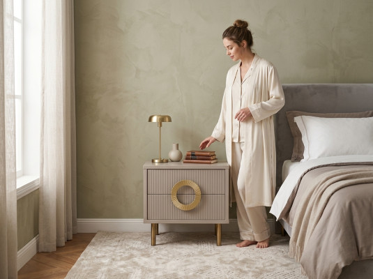 Designer beige nightstand with 2 drawers bedroom bed console