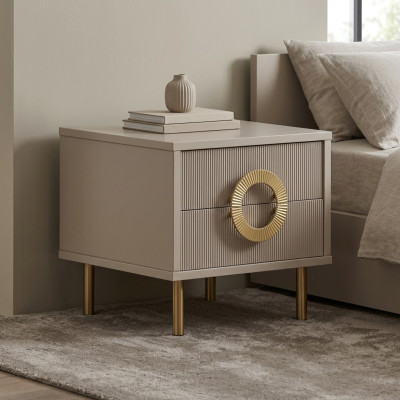 Designer beige nightstand with 2 drawers bedroom bed console