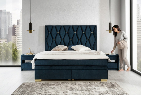 Blue bedroom textile set, noble nightstands, stainless steel bed, 3-piece
