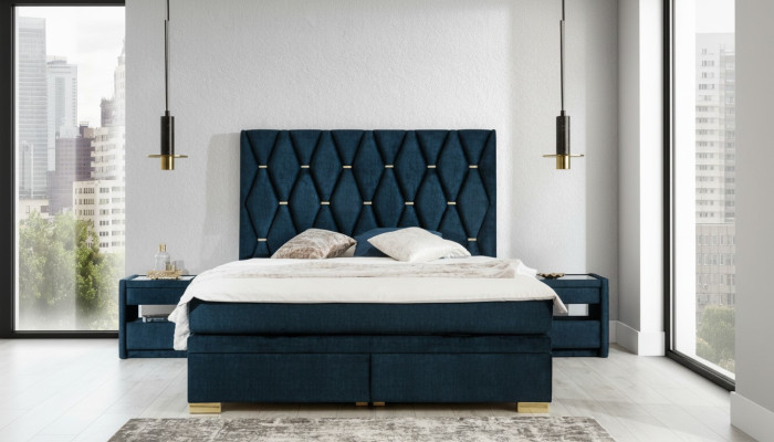 Blue bedroom textile set, noble nightstands, stainless steel bed, 3-piece