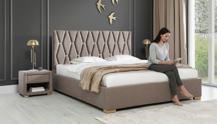Brown textile bed designer upholstered bedside tables bedroom furniture 3-piece set