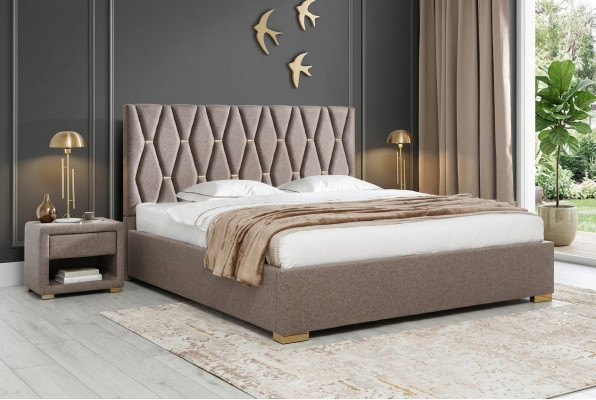 Brown textile bed designer upholstered bedside tables bedroom furniture 3-piece set