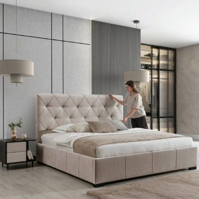 Beige Chesterfield double bed textile bedside tables bedroom set