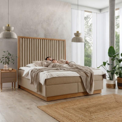 Beige bedroom double bed 2x luxury nightstands noble wood furniture 3-piece set