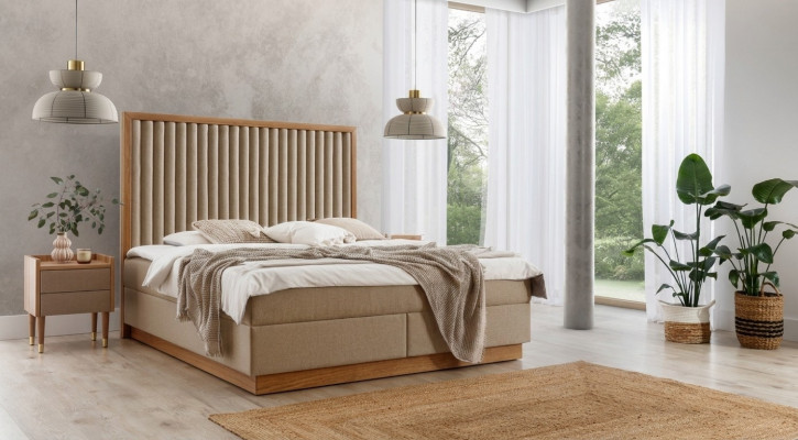 Beige bedroom double bed 2x luxury nightstands noble wood furniture 3-piece set