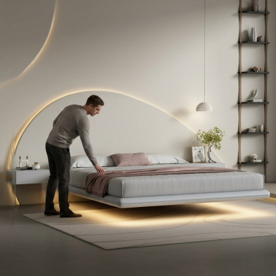 Gray wall bed modern bedroom furniture wood frame LED beds new
