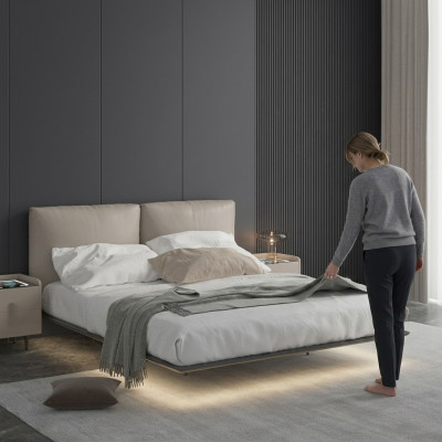 Light gray bedroom wall bed LED bed designer wood double beds