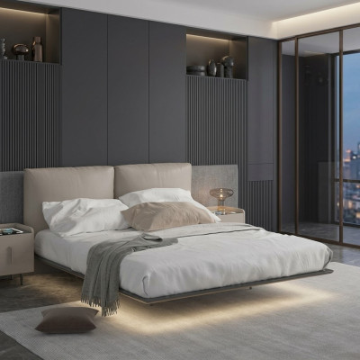 Light gray bedroom wall bed LED bed designer wood double beds