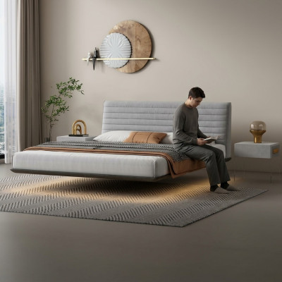 Gray Wall Bed Designer Bedroom LED Beds Modern Double Beds