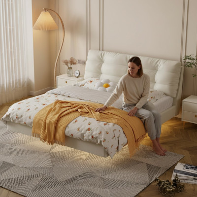 Bedroom wooden frame furniture white double bed leather beds textile beds
