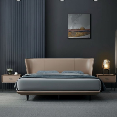 Beige faux leather bedroom double bed designer wooden frame beds