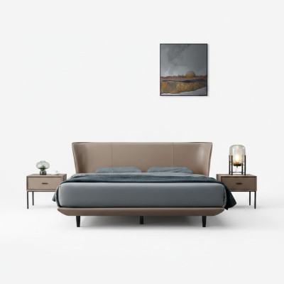 Beige faux leather bedroom double bed designer wooden frame beds