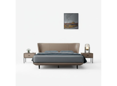 Beige faux leather bedroom double bed designer wooden frame beds