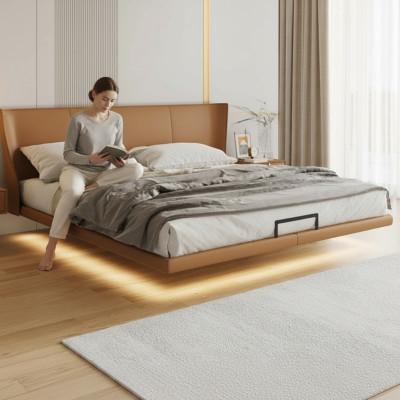 Brown wall bed designer bedroom furniture wooden frame faux leather bed