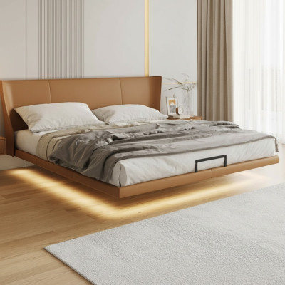 Brown wall bed designer bedroom furniture wooden frame faux leather bed