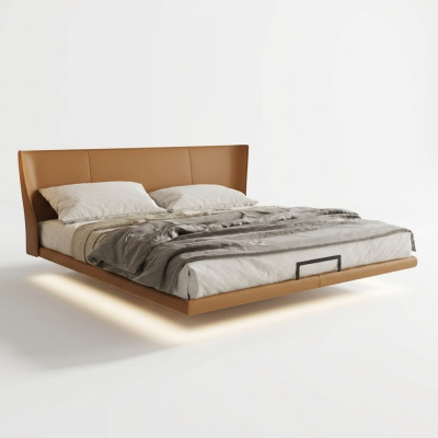 Brown wall bed designer bedroom furniture wooden frame faux leather bed