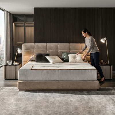 Beige double bed bedroom furniture modern beds luxury wood frame