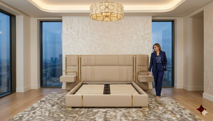 Beige bedroom double bed with large headboard designer wooden beds