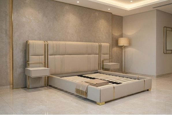 Beige bedroom double bed with large headboard designer wooden beds