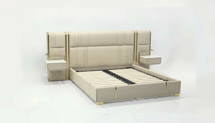 Beige bedroom double bed with large headboard designer wooden beds