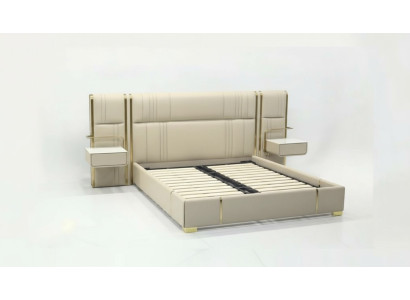 Beige bedroom double bed with large headboard designer wooden beds