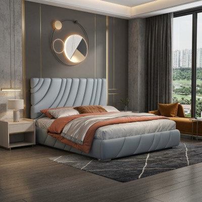 Gray faux leather double bed modern stainless steel bed luxury wooden frame