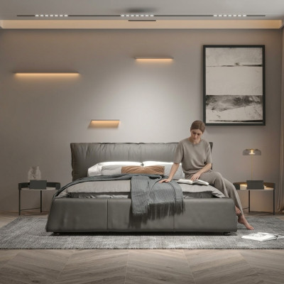 Gray bedroom bed, designer double bed, wooden frame, new leather bed.
