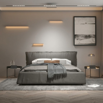Gray bedroom bed, designer double bed, wooden frame, new leather bed.