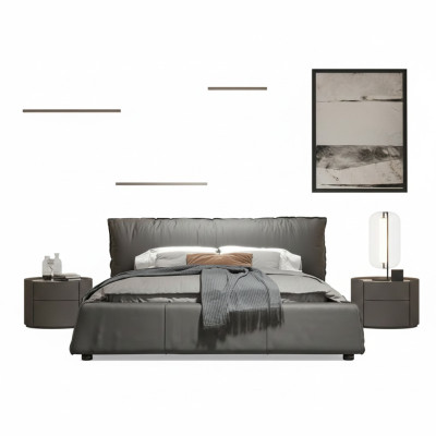 Gray bedroom bed, designer double bed, wooden frame, new leather bed.