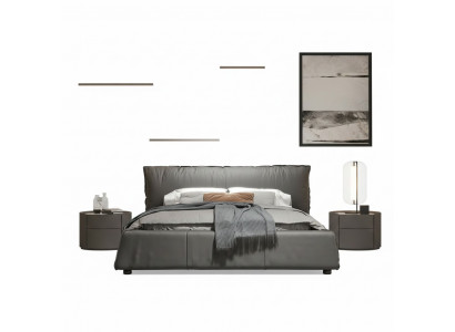 Gray bedroom bed, designer double bed, wooden frame, new leather bed.