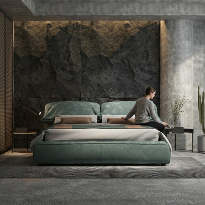 Green bedroom bed designer double bed luxury material wooden frame
