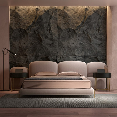 Large beige bedroom double bed designer wide textile headboard