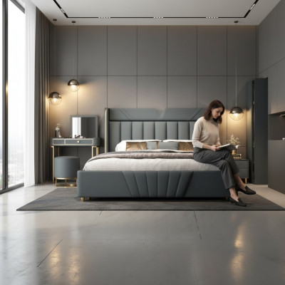 Bedroom gray bed, designer furniture, luxury materials, wooden frame