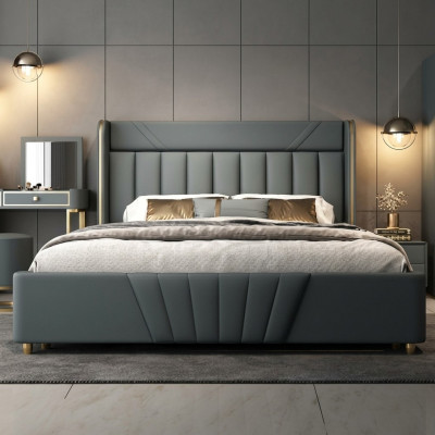 Bedroom gray bed, designer furniture, luxury materials, wooden frame