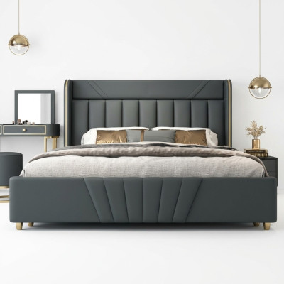 Bedroom gray bed, designer furniture, luxury materials, wooden frame