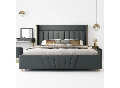 Bedroom gray bed, designer furniture, luxury materials, wooden frame