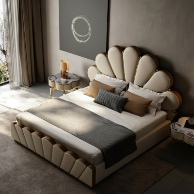 Modern beige bedroom bed faux leather double bed designer beds