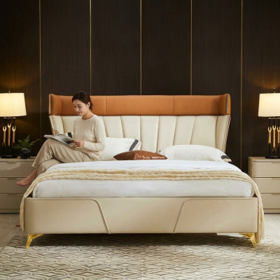 Bedroom beige double bed leather beds wooden frame textile furniture