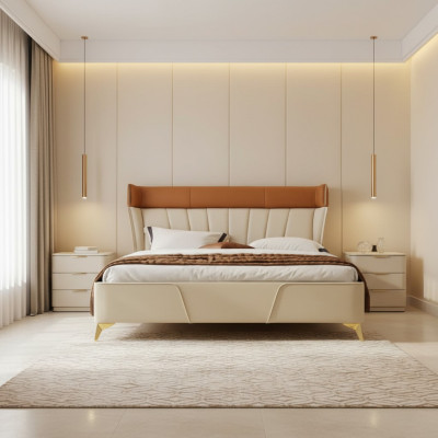 Bedroom beige double bed leather beds wooden frame textile furniture