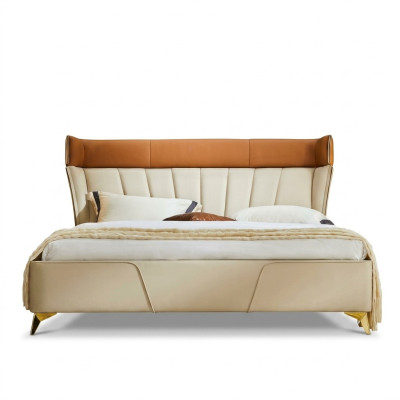 Bedroom beige double bed leather beds wooden frame textile furniture