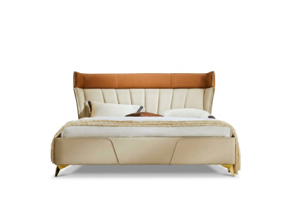 Bedroom beige double bed leather beds wooden frame textile furniture